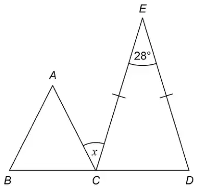 Equilateral triangle ABC and isosceles triangle CDE on the straight line BCD, with angle CED = 28 degrees and angle x between AC and CE