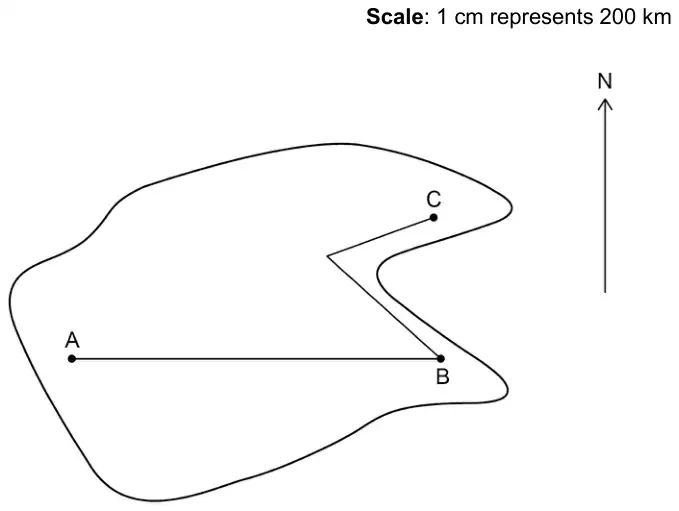 Map of an island with a North arrow. A straight road from A due east to B, and a road from B going north-west to a turning point then north-east to C. Scale: 1 cm represents 200 km
