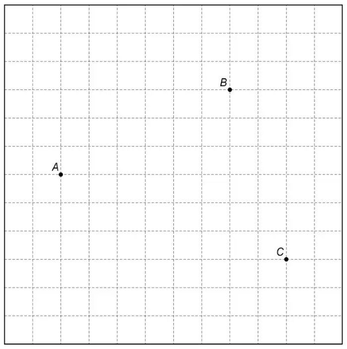 Centimetre grid, 12 by 12 squares, with points A, B and C marked