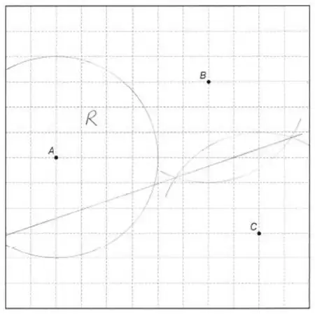 Grid showing the arc of radius 4 cm about A, the perpendicular bisector of BC and the region R labelled