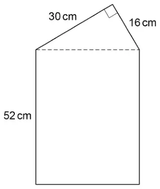 Rectangle of height 52 cm with a right-angled triangle on top. The triangle’s two shorter sides are 30 cm and 16 cm, and its hypotenuse is the top side of the rectangle