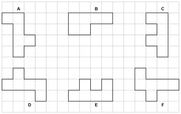Six shapes A to F, each made of six centimetre squares, drawn on a centimetre grid