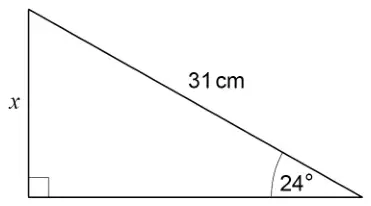Right-angled triangle with hypotenuse 31 cm, angle 24° and vertical side x opposite the 24° angle
