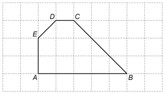 Shape ABCDE on a centimetre grid. A to B is 5 cm horizontally; A to E is 2 cm vertically; E to D goes 1 right and 1 up; D to C is 1 cm horizontally; C to B is a diagonal going 3 right and 3 down