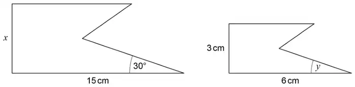 Two similar shapes. Large shape: base 15 cm, height x, angle 30° at the bottom right. Small shape: base 6 cm, height 3 cm, angle y at the bottom right