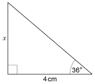 Right-angled triangle with vertical side x, horizontal side 4 cm and angle 36° between the 4 cm side and the hypotenuse