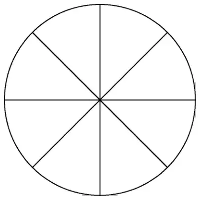 Circle with 8 spokes from the centre to the rim, equally spaced