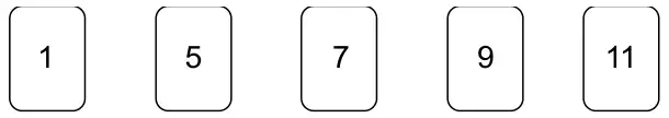 Five cards numbered 1, 5, 7, 9 and 11