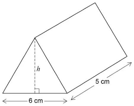 Triangular prism of length 5 cm. The triangular cross section has base 6 cm and perpendicular height h