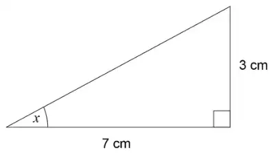 Right-angled triangle. The side adjacent to angle x is 7 cm and the side opposite angle x is 3 cm