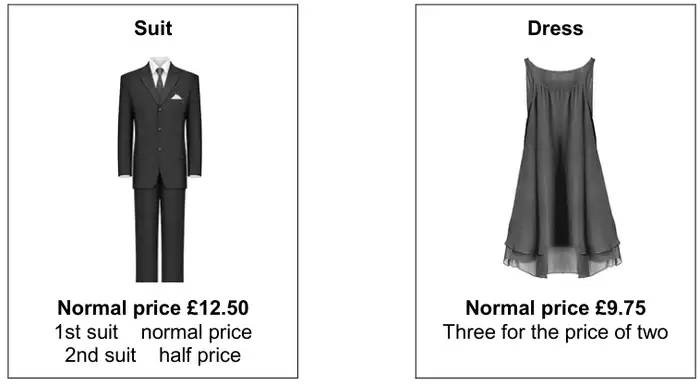 Suit: Normal price £12.50. 1st suit normal price, 2nd suit half price. Dress: Normal price £9.75. Three for the price of two