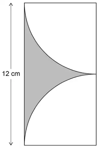 Rectangle of height 12 cm. Two identical quarter circles are cut from it, leaving a shaded region between their arcs