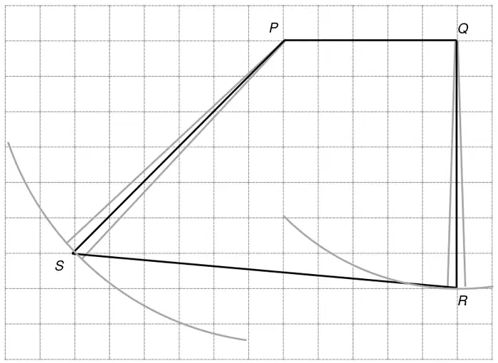 Correct quadrilateral PQRS: QR drawn 7 cm straight down from Q, PS drawn 8.5 cm down and to the left of P at 135° to PQ, and S joined to R, with tolerance lines and arcs
