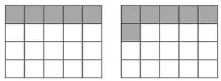 Two 5 by 4 grids: the first has 5 of 20 squares shaded, the second has 6 of 20 squares shaded