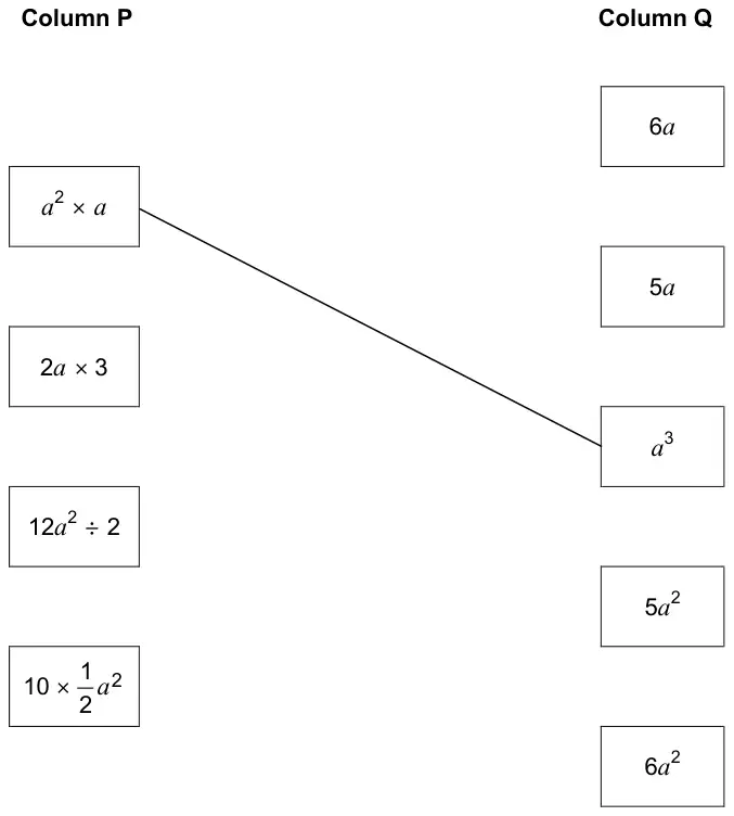 Column P: a squared × a, 2a × 3, 12a squared ÷ 2, 10 × half a squared. Column Q: 6a, 5a, a cubed, 5a squared, 6a squared. a squared × a is joined to a cubed