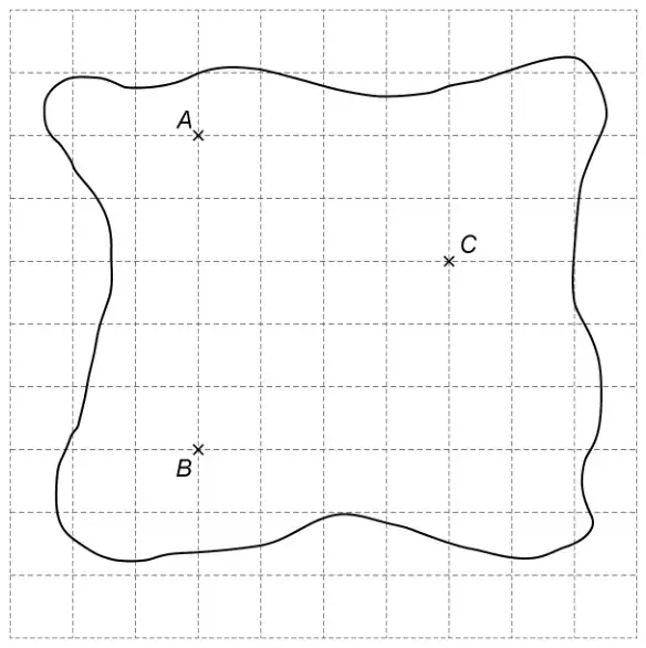 Map of an island on a centimetre grid with houses marked by crosses. B is 5 cm directly below A. C is 4 cm to the right of A and 2 cm below it
