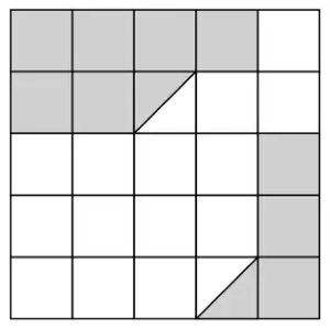 5 by 5 square grid. Shaded: the first four squares of the top row, the first two squares of the second row and half of the third square (a triangle), the right-hand squares of the bottom three rows, and half of the fourth square in the bottom row (a triangle)