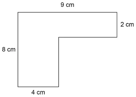 L-shape. Top edge 9 cm, left edge 8 cm, bottom edge 4 cm, right end of the top arm 2 cm