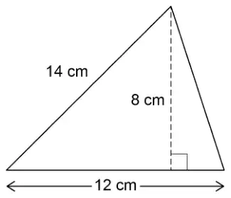 Triangle with base 12 cm, a sloping side 14 cm and a dashed perpendicular height 8 cm