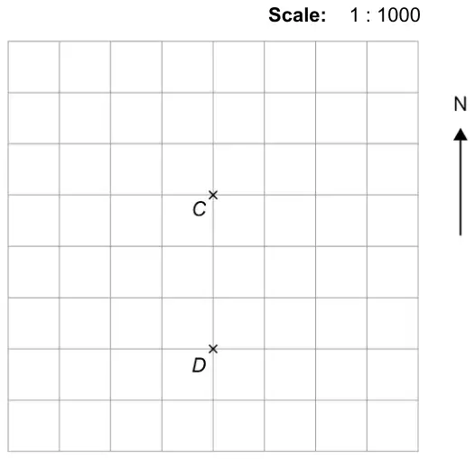 Scale 1 : 1000. Centimetre grid, 8 squares by 8 squares, with a North arrow beside it. Point D is 3 cm directly below point C
