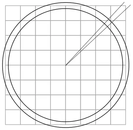 Tolerance diagram: the grid with two circles of radius 3.8 cm and 4.2 cm centred on A, and two lines from A at 43 and 47 degrees