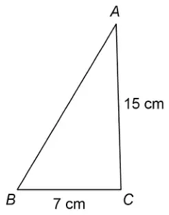 Triangle ABC with AC = 15 cm (vertical side) and BC = 7 cm (base)