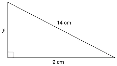 Right-angled triangle with vertical side y, horizontal side 9 cm and hypotenuse 14 cm