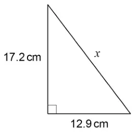 Right-angled triangle with vertical side 17.2 cm, horizontal side 12.9 cm and hypotenuse x