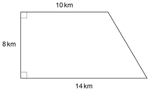 Right-angled trapezium with parallel sides 10 km (top) and 14 km (bottom) and perpendicular height 8 km