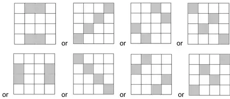 Eight 4 by 4 grids, each with 4 squares shaded giving exactly two lines of symmetry