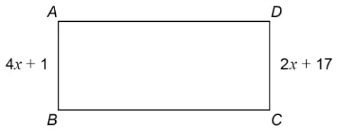Rectangle ABCD. Side AB is 4x + 1 and side DC is 2x + 17