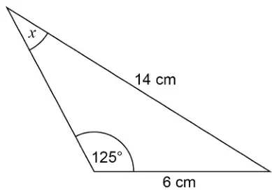 Triangle with sides 14 cm and 6 cm. The angle of 125 degrees is between the 6 cm side and the unlabelled side, opposite the 14 cm side. Angle x is between the 14 cm side and the unlabelled side, opposite the 6 cm side