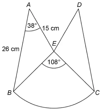 Logo made of triangles ABE and DCE meeting at E, and sector BCE below E. AB = 26 cm, AE = 15 cm, angle BAE = 38 degrees, angle BEC = 108 degrees, with arc BC
