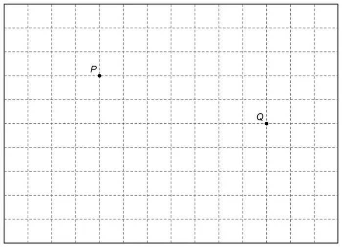 Rectangular garden drawn on a dashed centimetre grid, 14 squares wide and 10 squares high, with points P and Q marked