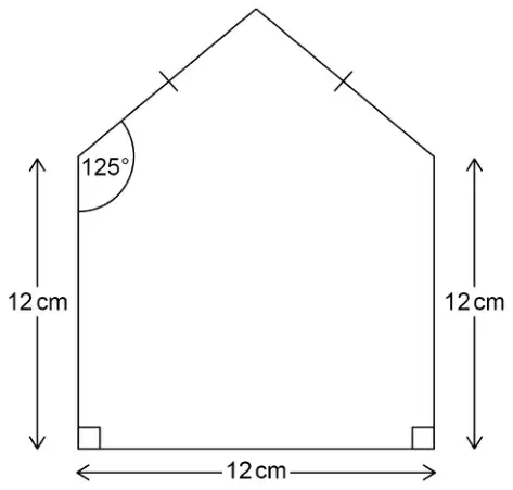 Pentagon made of a square of side 12 cm with an isosceles triangle on top. The two equal sides of the triangle are marked. The interior angle of the pentagon at the top left corner of the square is 125°