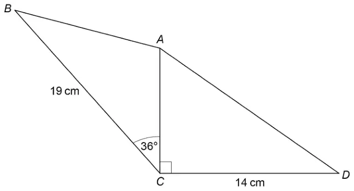 Triangles ABC and ACD sharing side AC, which is vertical. Angle ACD is a right angle, CD = 14 cm. BC = 19 cm and angle BCA = 36°