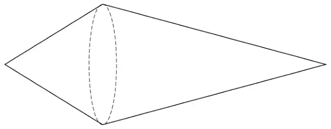 Two cones with the same circular base joined base to base; the cone on the right is longer than the one on the left