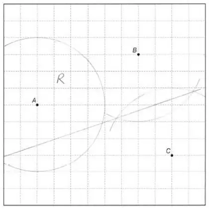 Grid showing an arc of radius 4 cm centred on A, the perpendicular bisector of BC, and region R inside the arc above the line