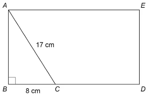 Rectangle ABDE with A top left, E top right, B bottom left and D bottom right. C is on BD. AC = 17 cm, BC = 8 cm, right angle at B