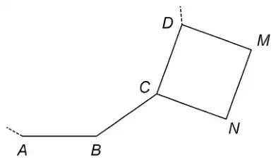 Part of a regular 12-sided polygon with consecutive vertices A, B, C, D, and square CDMN drawn inside the polygon on side CD, with N joined to B