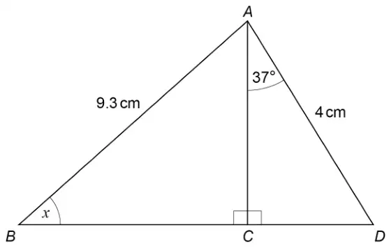 Triangle ABD with C on BD and AC perpendicular to BD. AB = 9.3 cm, AD = 4 cm, angle CAD = 37 degrees, angle ABC = x
