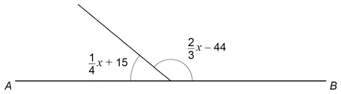 Straight line AB with a line from a point on it; the two angles on the line are (1/4)x + 15 and (2/3)x − 44