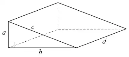 Right-angled triangular prism; the triangular cross-section has sides a and b at the right angle and hypotenuse c, and the length of the prism is d
