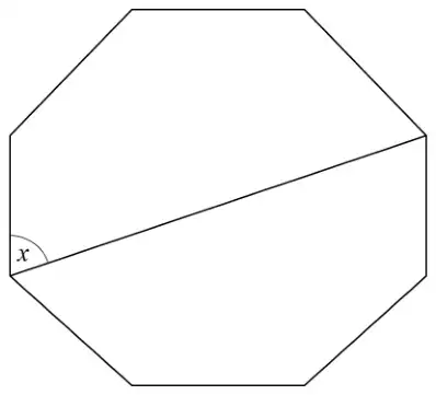 Regular octagon with a straight line drawn from one vertex to the opposite side vertex; angle x is between the line and a vertical side at the left vertex