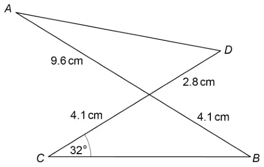 Lines AB and CD cross. AD and CB are drawn. Along AB: 9.6 cm from A to the crossing point and 4.1 cm from the crossing point to B. Along CD: 4.1 cm from C to the crossing point and 2.8 cm from the crossing point to D. Angle BCD is 32°