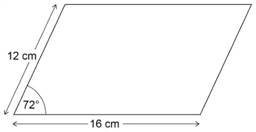 Parallelogram with base 16 cm, sloping side 12 cm and an angle of 72 degrees between them