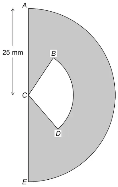 Semicircle AE with centre C on the straight edge and radius 25 mm (CA). A white sector BCD with centre C sits inside; the rest of the semicircle is shaded