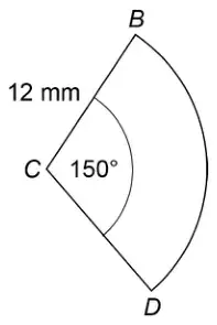 Sector BCD with centre C, radius 12 mm and angle 150 degrees