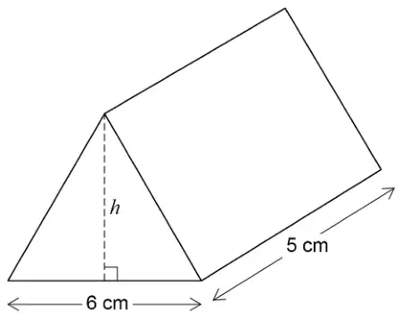 Triangular prism: the triangular cross section has base 6 cm and perpendicular height h, and the prism has length 5 cm