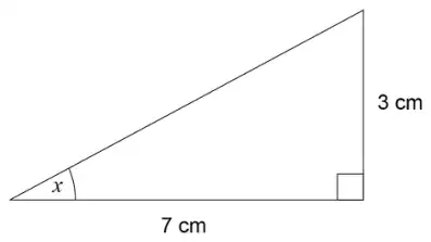 Right-angled triangle with horizontal side 7 cm, vertical side 3 cm and the right angle between them; angle x is at the left end of the 7 cm side